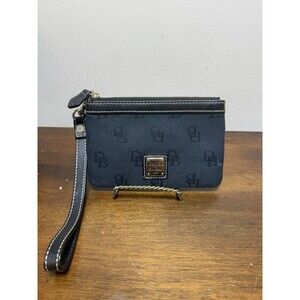 Dooney & Bourke Wristlet Wallet Zipper Pouch Black On Black, Black Leather Trim